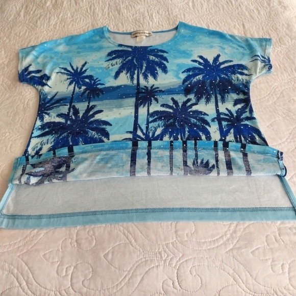 Cathy Daniels - Palm Trees Beach Blue Shirt w/ Sequins Tropical Print - Picture 5 of 6